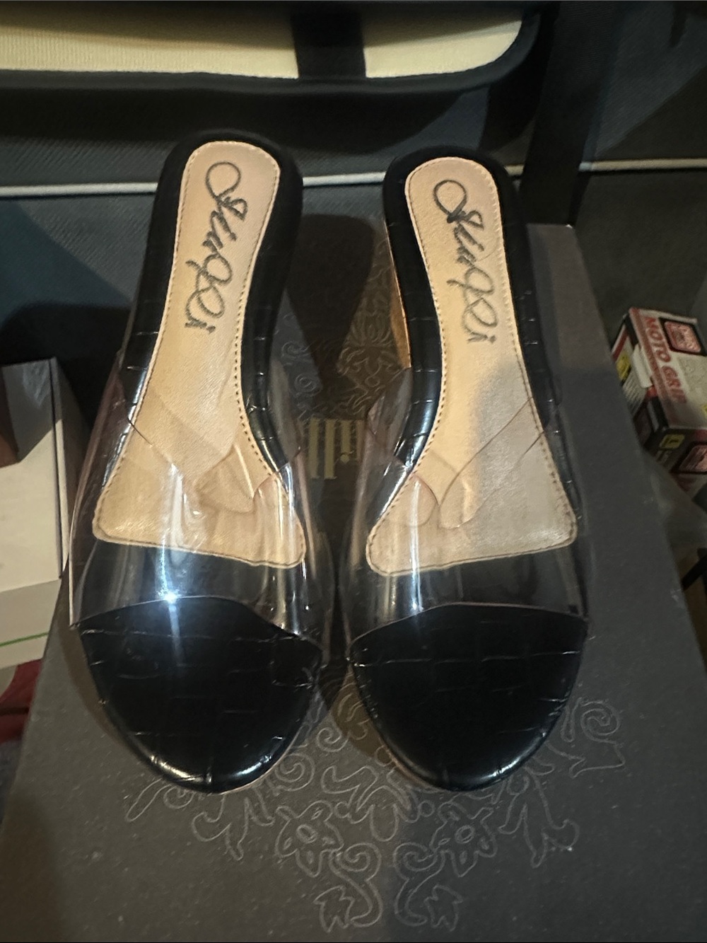 Black Slide Mules with Clear Straps